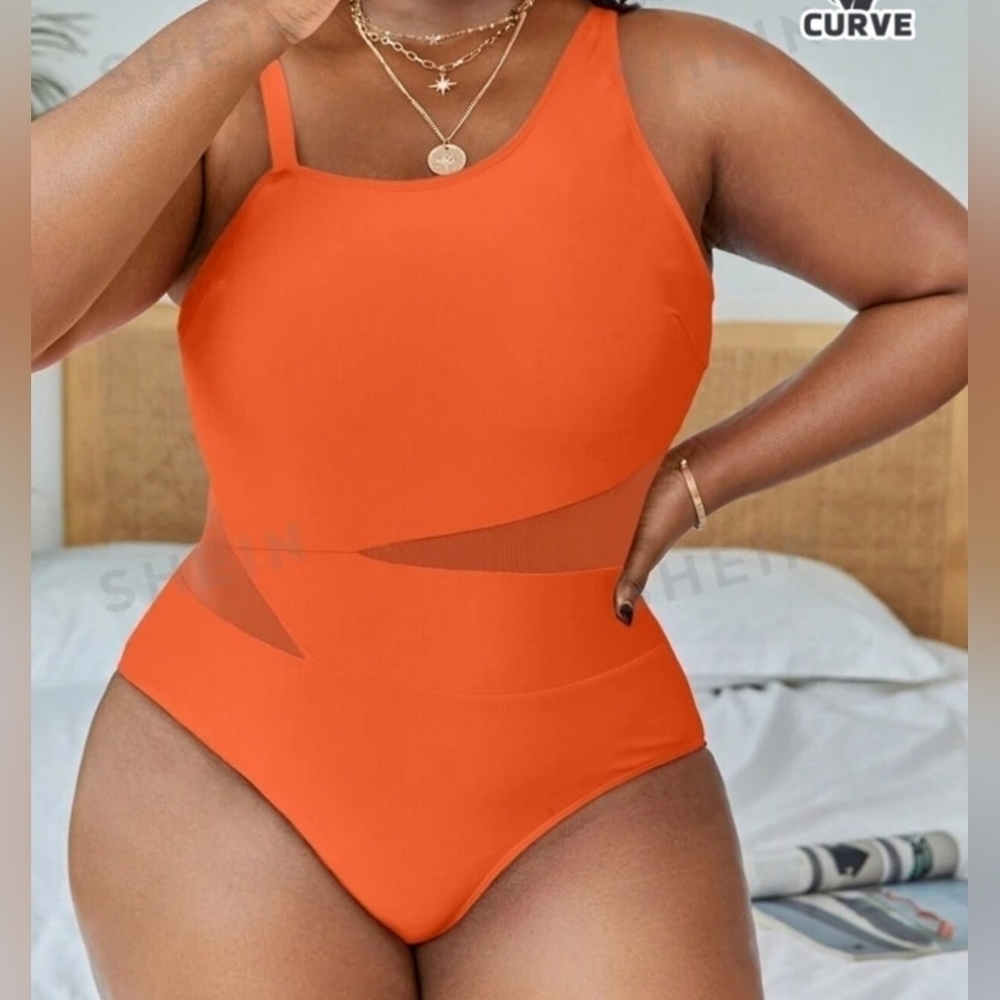 Plus Size Orange Curve Summer Beach One Piece Swimsuit, Bathing Suit Size 12